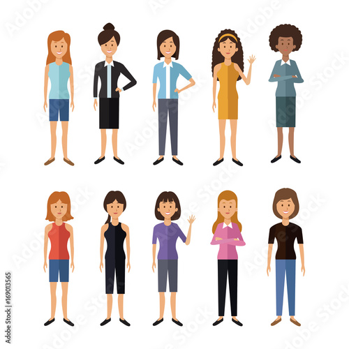 white background with full body group female people of the world vector illustration