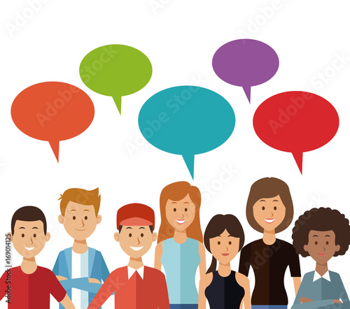 white background with set dialogue boxes and half body group people vector illustration