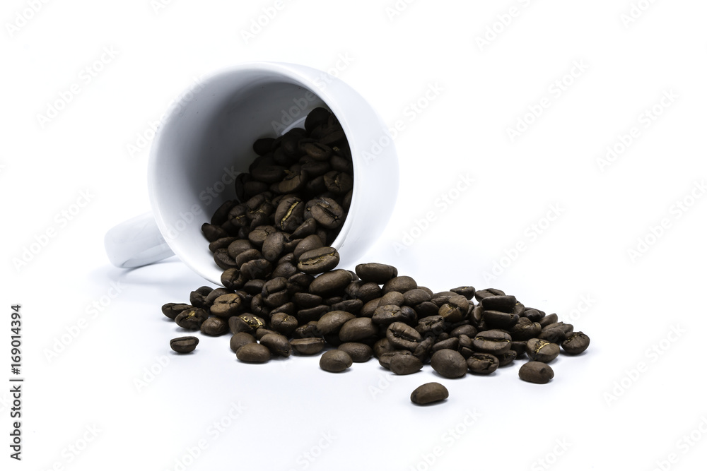 Coffee beans in coffee cup on white background Coffee beans in coffee cup on white background