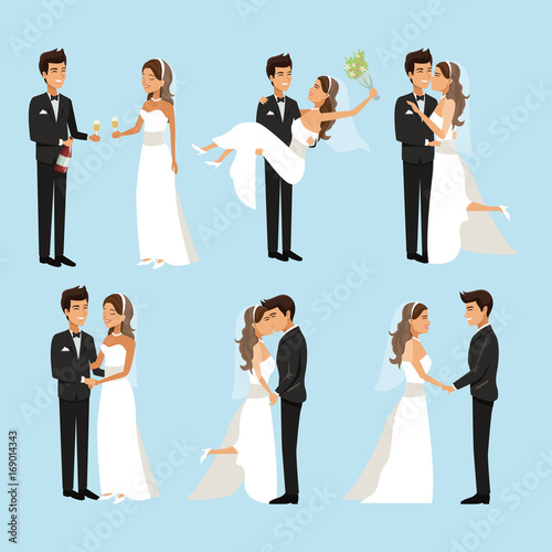 color background with scenes of newly married couple in different standing vector illustration
