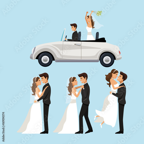 color background with scenes of newly married couple in different standing and car just married vector illustration