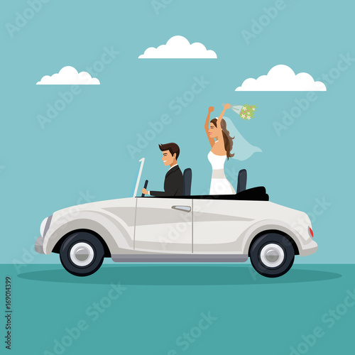 color sky landscape background with newly married couple driving in a car vector illustration