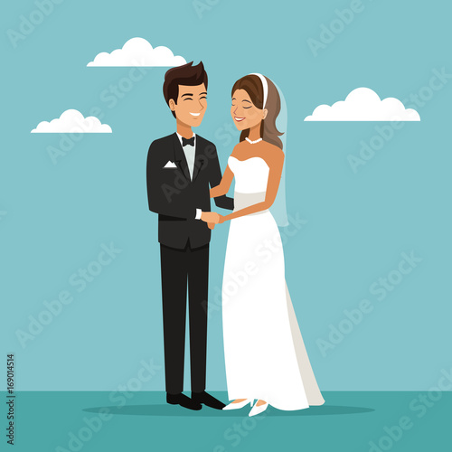 color sky landscape background with newly married couple standing happines expression vector illustration