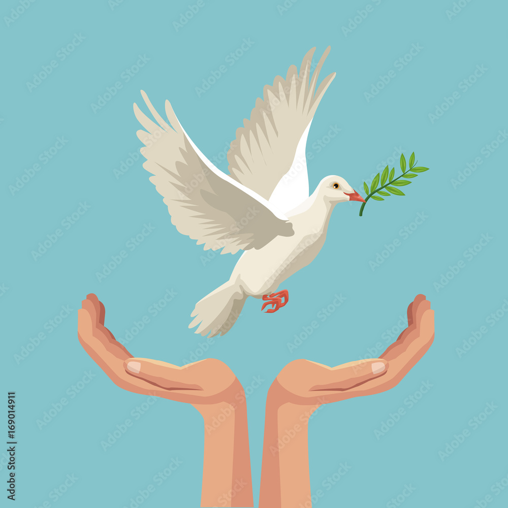 color poster pigeon flying with olive branch in peak and hands holding vector illustration color poster pigeon flying with olive branch in peak and hands holding vector illustration