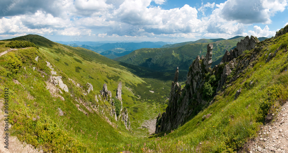 Mountain valley on a sunny day in the summer in the Carpathians. A mountain range with bright green grass.