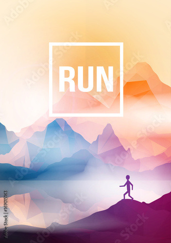 Runner on Geometric Mountain Background - Vector Illustration.