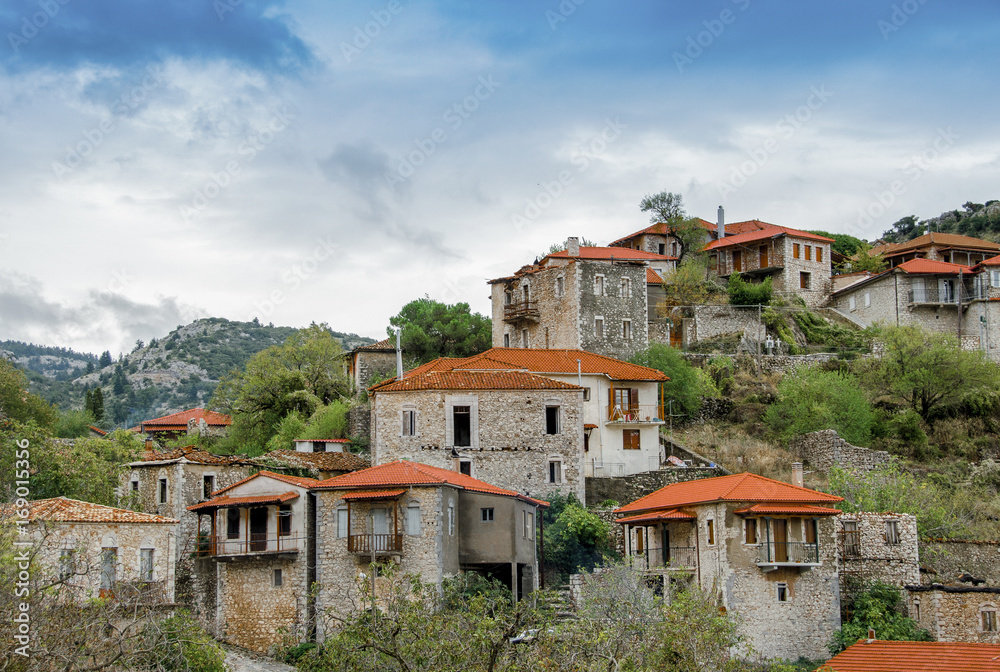 Beautiful traditional achitecture on mountain of Mainalo.Stemnitsa village in Greece