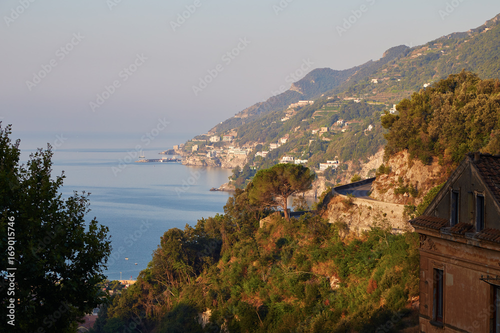 Sunrise in the mountains of the Amalfi coast in a summer sunny day