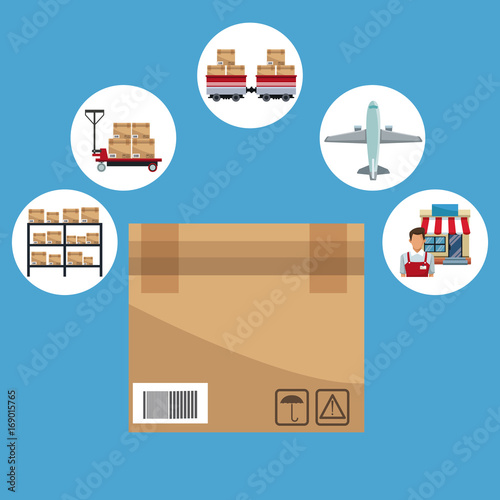 color background with circular frame of icons storage logistics and closeup of carton box closed vector illustration