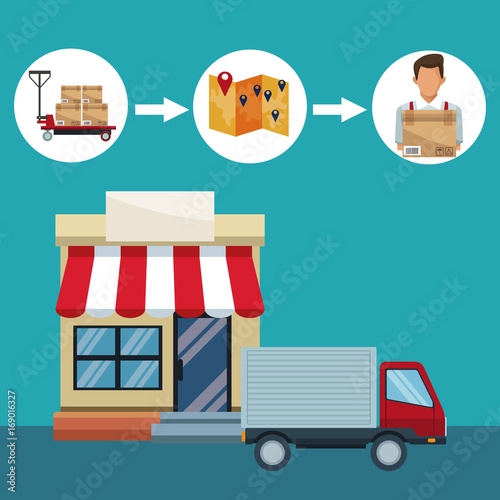 color background with facade store awning and delivery truck in motion vector illustration