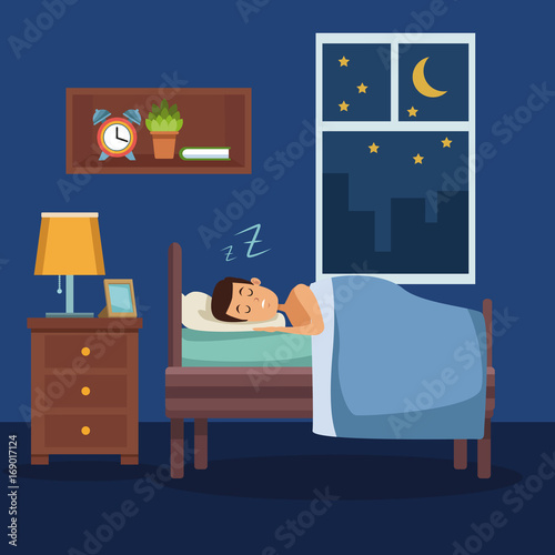 colorful scene man sleep with blanket in bedroom vector illustration