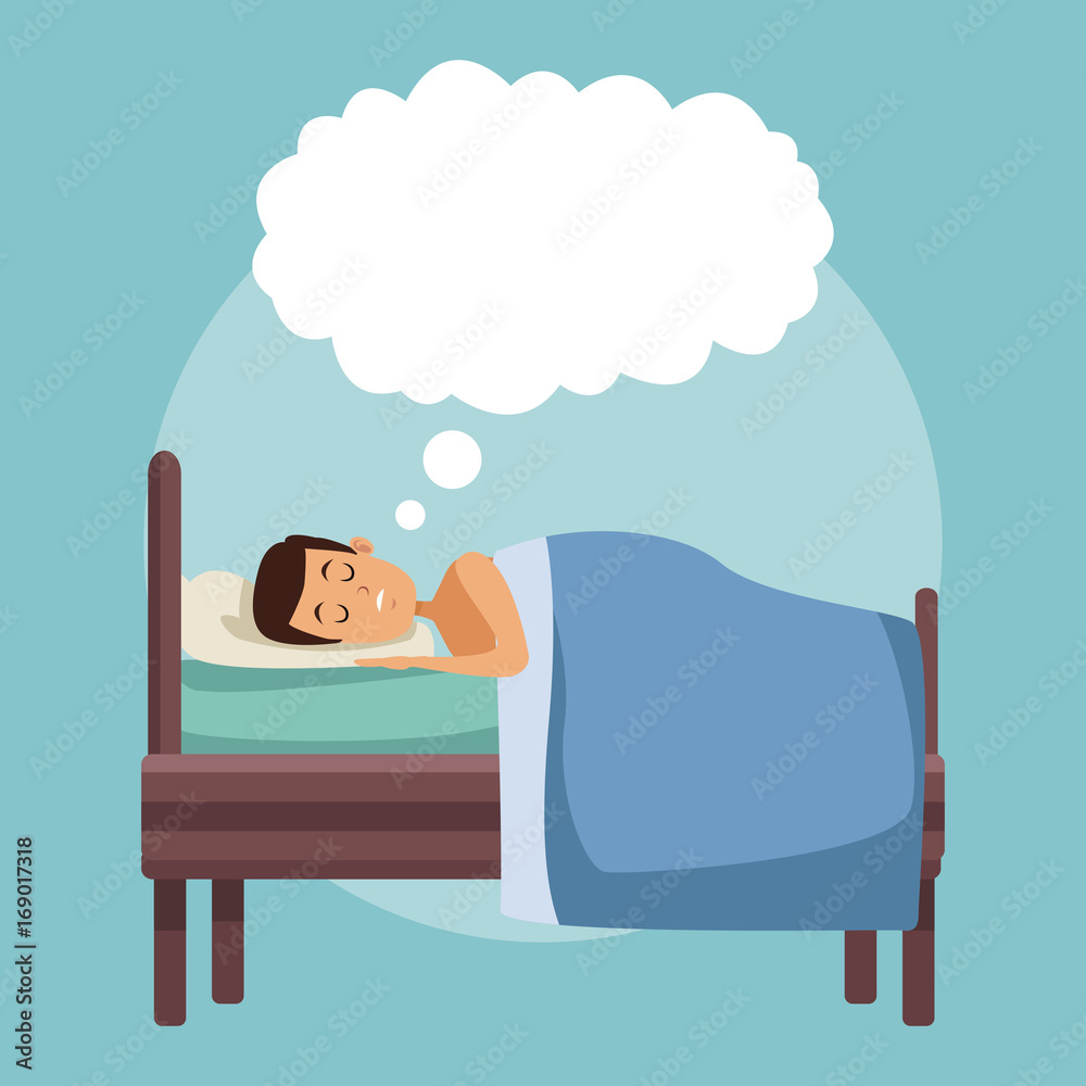 Ταπετσαρία colorful scene man dreaming in bed at night with cloud callout vector illustrati