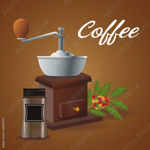 color poster grinding with crank and glass container of coffee vector illustration