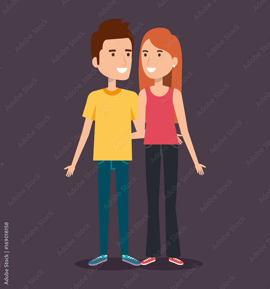 young happy couple gesturing smile on dark background