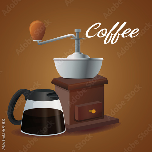 color poster glass jar of coffee with handle and grinding with crank vector illustration