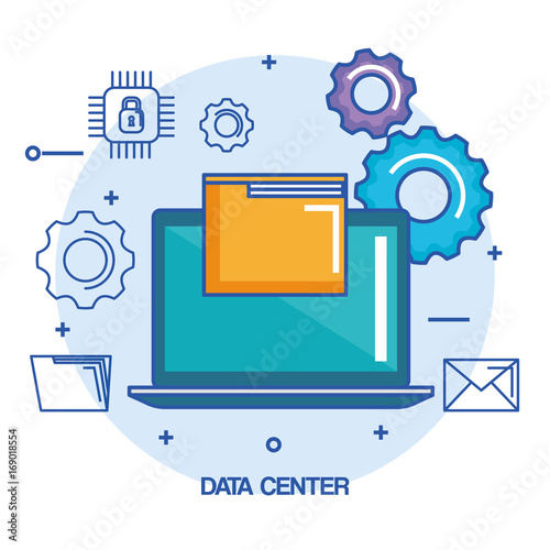 data center laptop computer file document system secure vector illustration