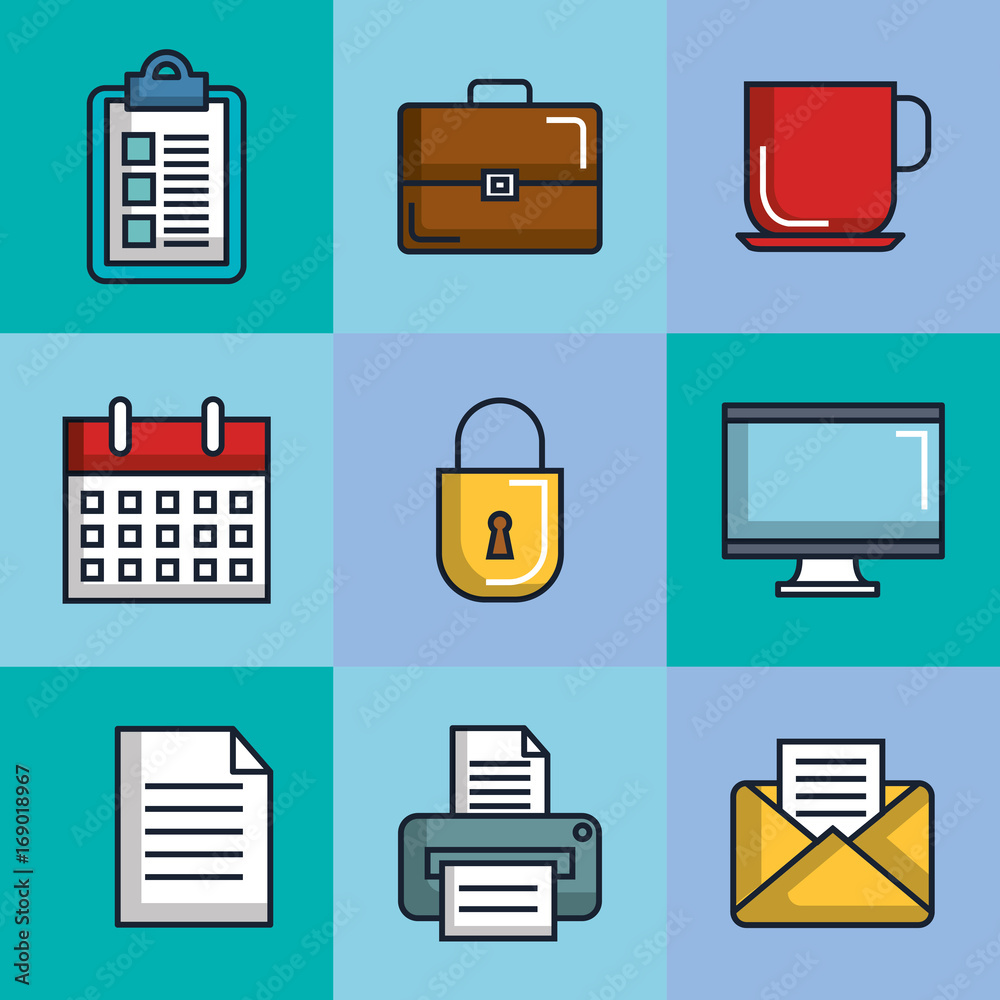office stationery equipment supplies icon set vector illustration office stationery equipment supplies icon set vector illustration