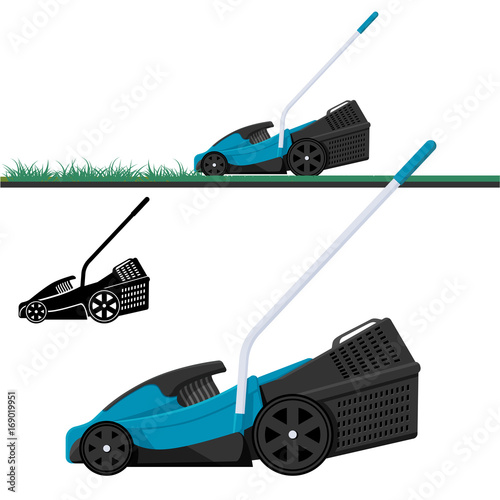 Lawn mower cutting grass, isolated vector illustration. Lawnmower black silhouette.