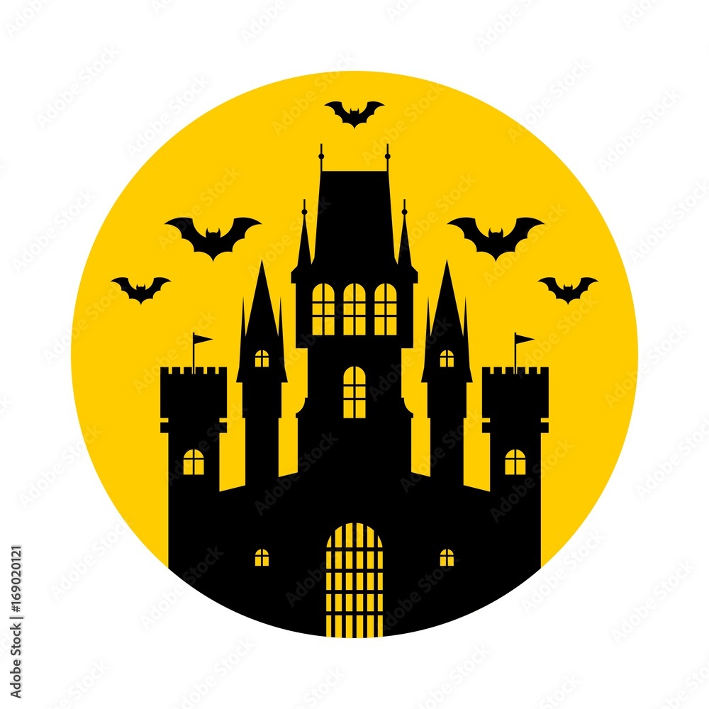 Halloween, silhouette of a fairytale castle. Vector illustration on yellow background. 