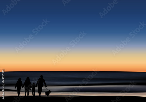 océan - vague - famille - crépuscule - coucher de soleil