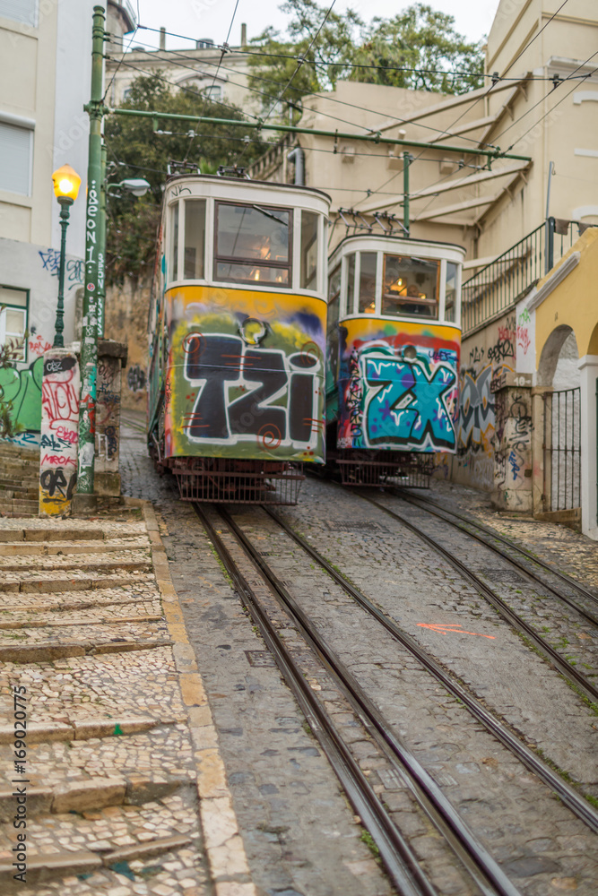 Typical Cable Car in the Streets of Lisbon Typical Cable Car in the Streets of Lisbon