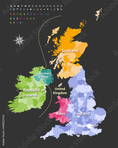British Isles map colored by countries. Vector illustration
