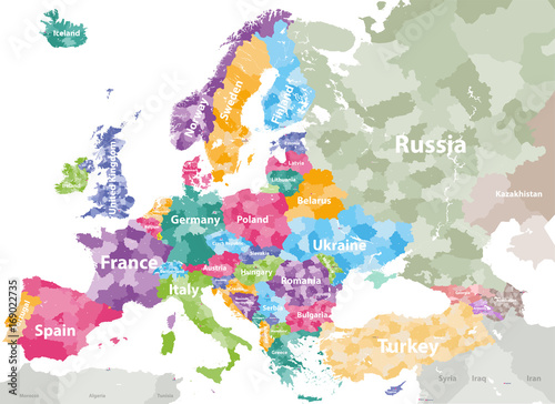 Europe high detailed colored political map with countries regions. Vector illustration