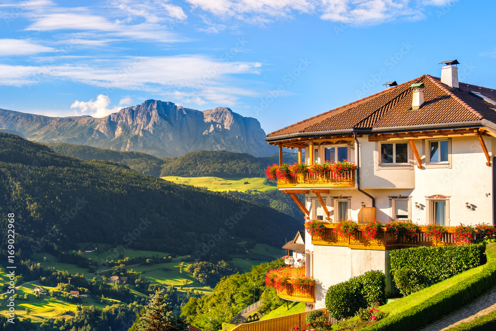 Alto Adige panoramic landscape italian dolomites panorama south tyrol cottage - obrazy, fototapety, plakaty 
