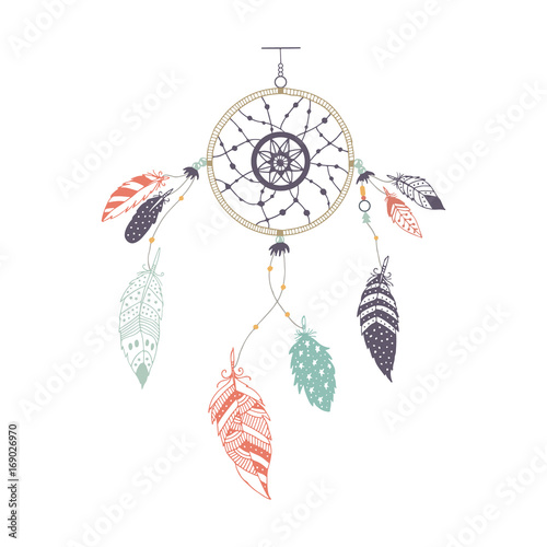Cute hand drawn dreamcatcher with feather. Vector handdrawn doodle illustration