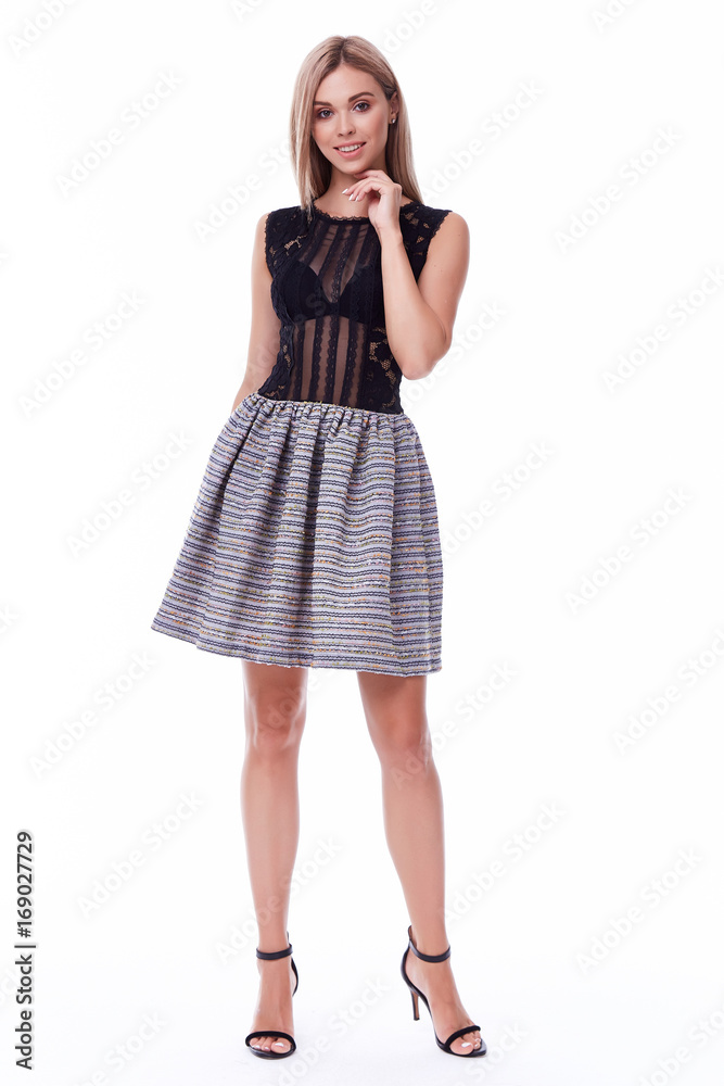 Sexy blond woman pretty face cosmetic makeup fashion pose glamor wear dress for party style celebrity studio white background beautiful elegant skinny body shape. Sexy blond woman pretty face cosmetic makeup fashion pose glamor wear dress for party style celebrity studio white background beautiful elegant skinny body shape.