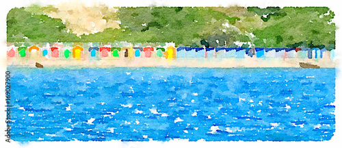Panoramic digital watercolor painting of colorful beach huts on a sunny day with sea in front and trees behind. With space for text.