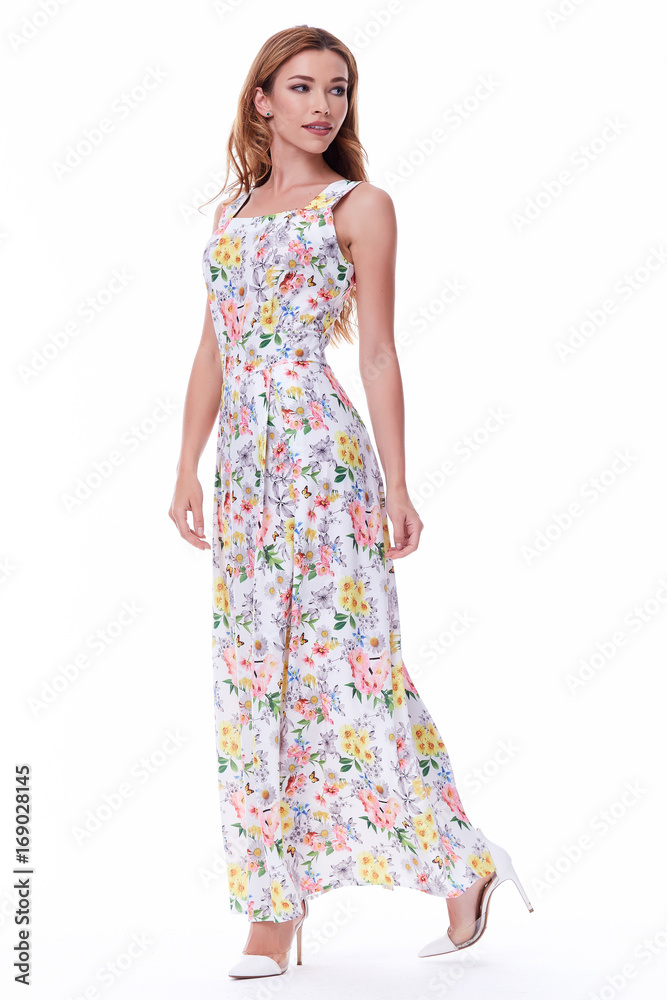 Pretty sexy lady fashion model blond hair wear long silk dress organic catalog of clothes casual style for walk meeting white background beautiful woman summer collection. Pretty sexy lady fashion model blond hair wear long silk dress organic catalog of clothes casual style for walk meeting white background beautiful woman summer collection.