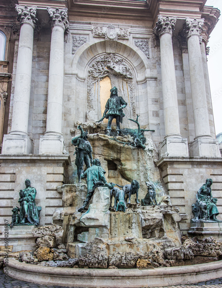 Alajos Strobl’s Neo-Baroque masterpiece: Matthias Fountain, a monumental fountain group in the western forecourt of Buda Castle, Budapest, Hungary, Europe