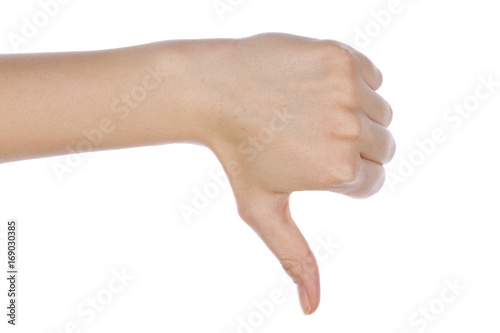 Girl hand showing thumb down failure hand sign gesture. Gestures and signs. Body language on white background.