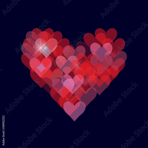 Blurred Vector Romantic Background with Heart shapes and light flashes or sparkles.