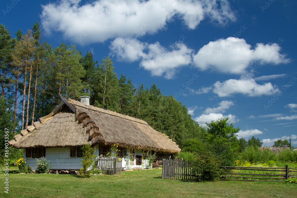 Old wooden shed with straw roof, fence and nice blue sky