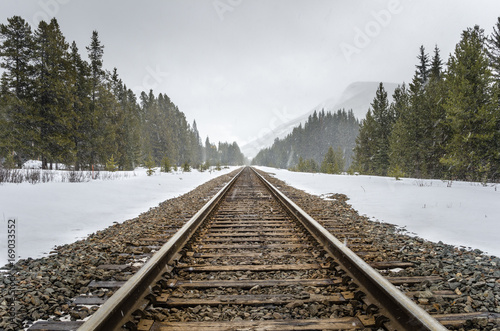 Railway through the Mountains during a Heavy Snowfall