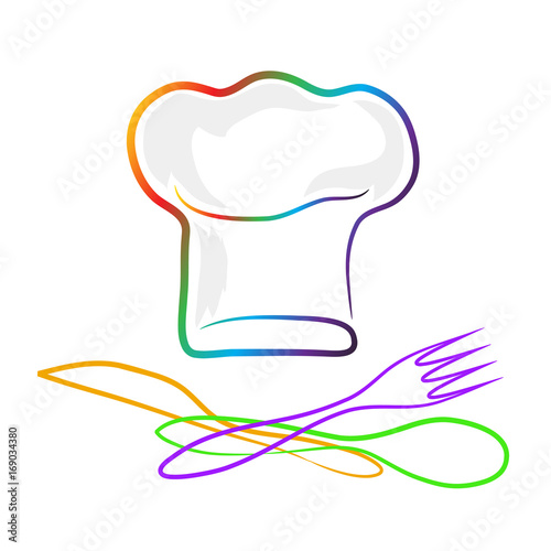 Chef hat silhouette and spoon; fork and knife isolated set. Colorful hat chef cook for logo. Stock vector illustration