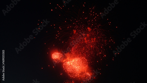 Beautiful red fireworks in dark black sky.
