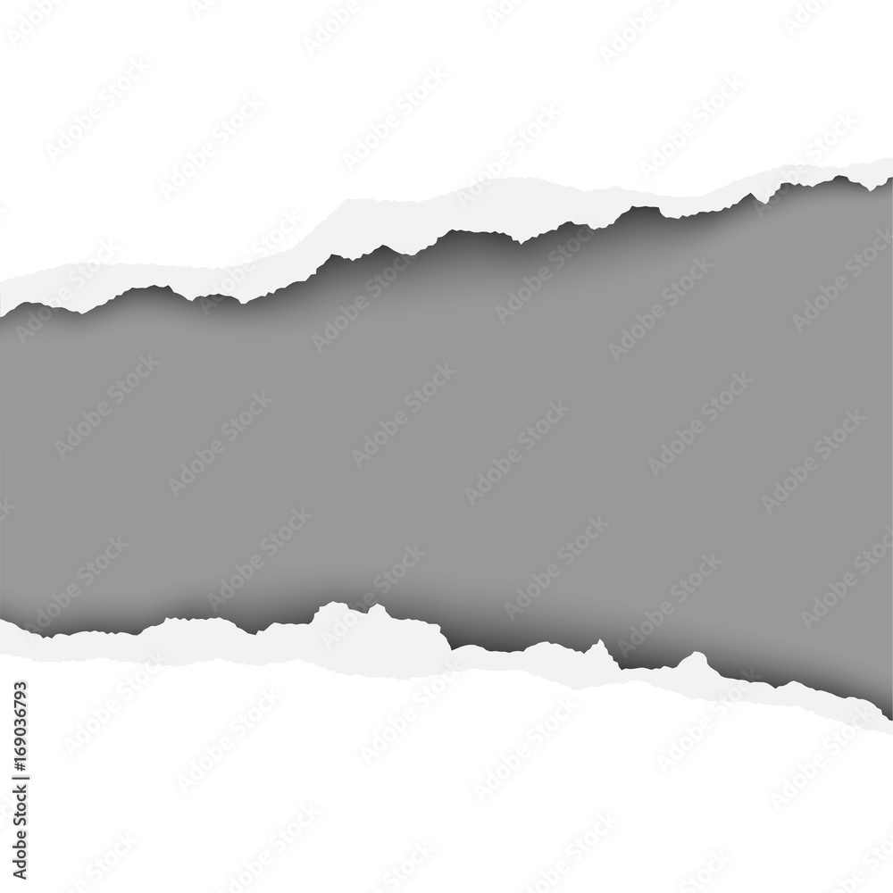 Snatched hole in middle of white paper with torn edges, soft shadow and space for text. Gray background of the resulting window. Vector template paper design.