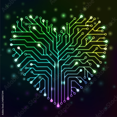 Circuit printed board in the shape of a heart with multicolor neon lights