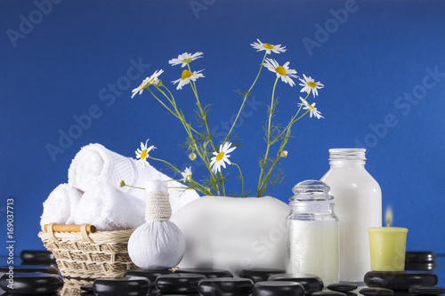 Spa. A bouquet of chamomile lies on the stones. White bottle with cream. The background is blue.