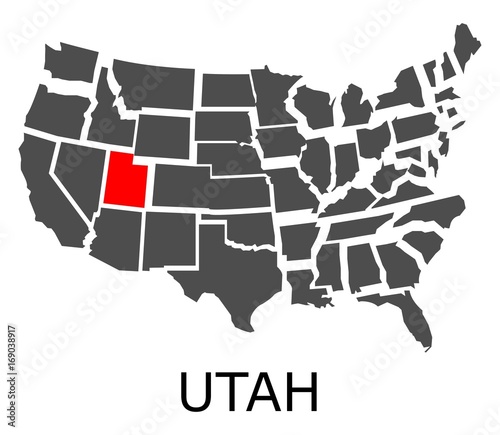Bordering map of USA with State of Utah marked with red color.