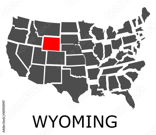 Bordering map of USA with State of Wyoming marked with red color.