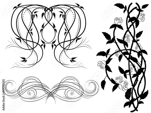 Set of black and white floral ornament for design. Tattoo floral ornament.