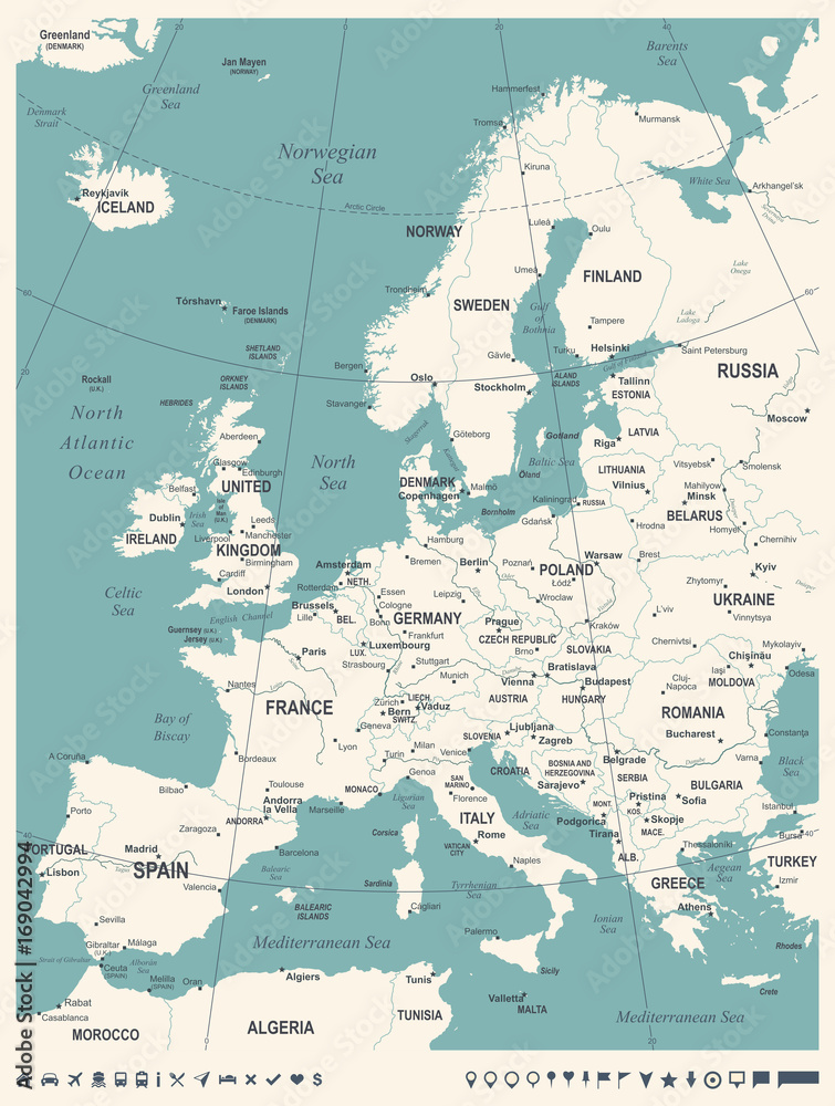 Naklejka premium Europe Map - Vintage Vector Illustration