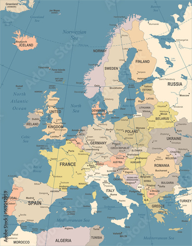 Fototapeta Naklejka Na Ścianę i Meble -  Europe Map - Vintage Vector Illustration
