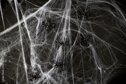halloween decoration of black toy spiders on web