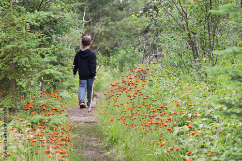 Boy walks away on hiking trail