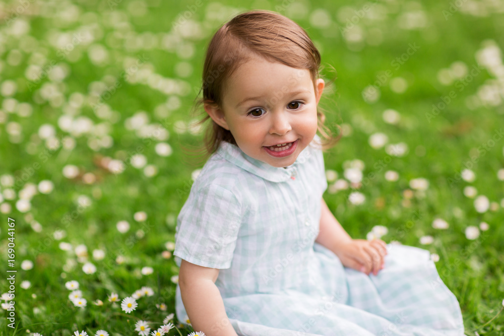 happy baby girl on green summer field